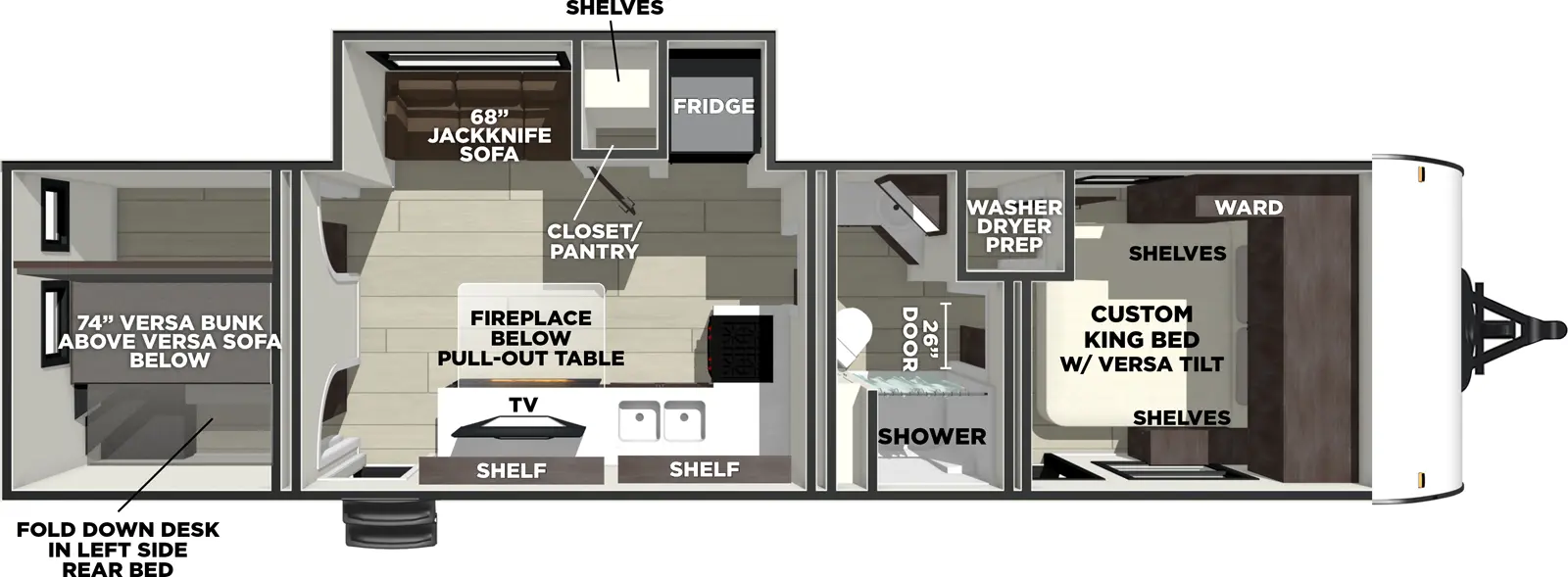 The Salem 300ICE floorplan has two entries and one slide out. Exterior features include: metal or fiberglass exterior. Interiors features include: bunk beds, front bedroom and pass through bathroom.